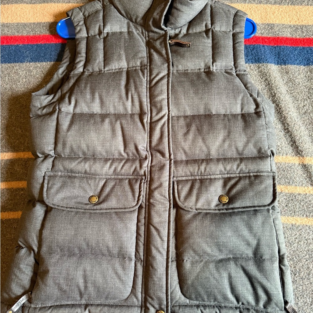 Filson grey down vest, wool/poly exterior, women’s small.